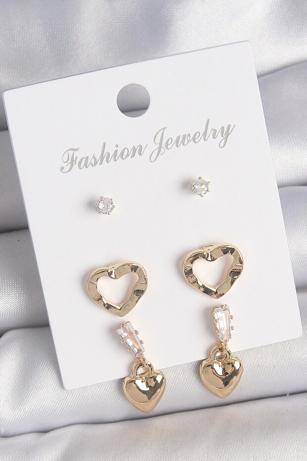 Brass Gold Color Zircon Stone Dangle Heart Model Women's 3 Pair Earring Set