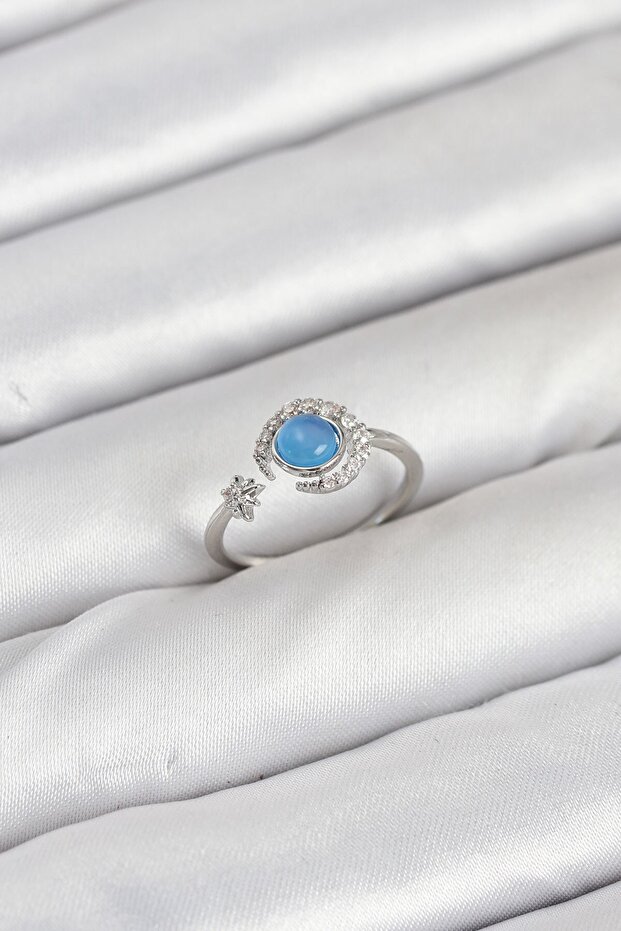 Brass Silver Color Zircon Stone Moon Star Women's Ring