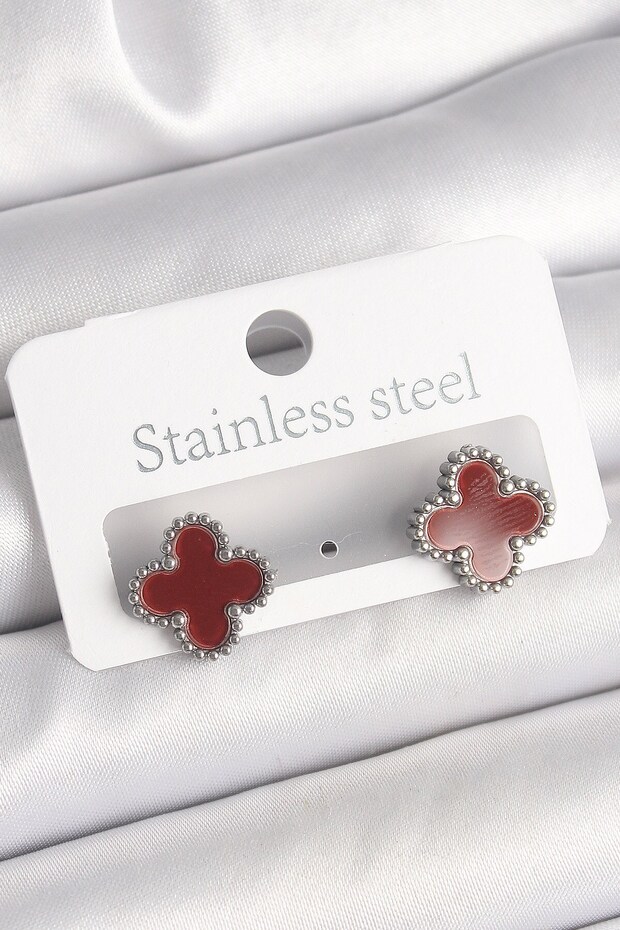 Brass Silver Color Claret Red Clover Model Women's Earrings
