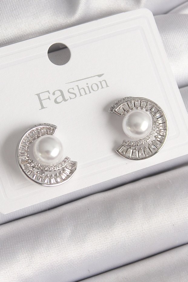 Brass Silver Color Zircon Stone Snail Model Pearl Detail Women's Earrings