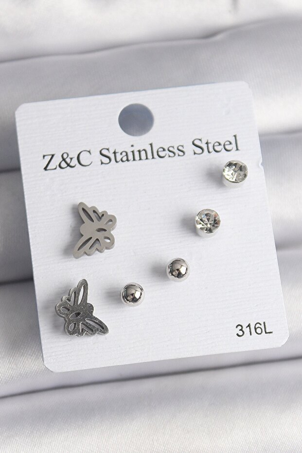 316L Steel Silver Color Zircon Stone Butterfly Model Women's Earring Set