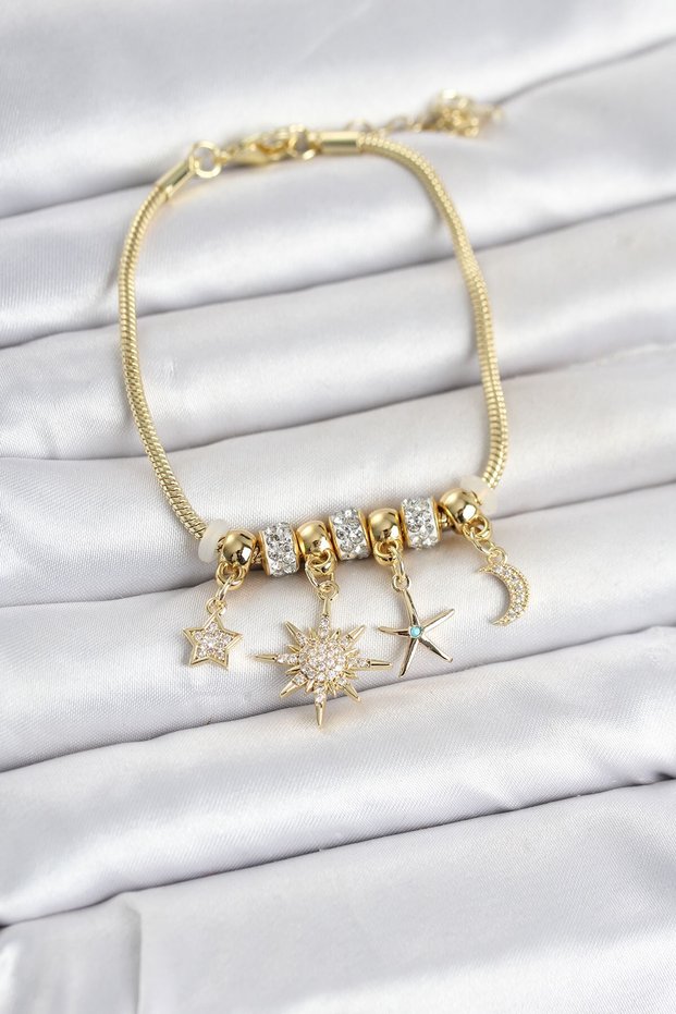 Brass Gold Color Pole Star Detailed Charm Women's Bracelet
