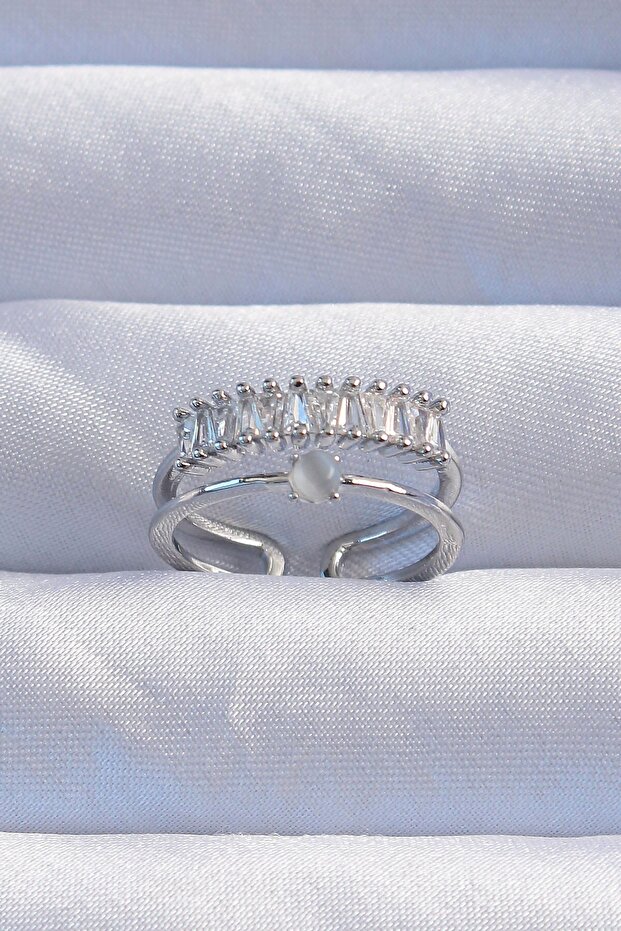 Brass Silver Color Pearlescent Zircon Stone Waterway Model 2-Piece Appearance Adjustable Ring