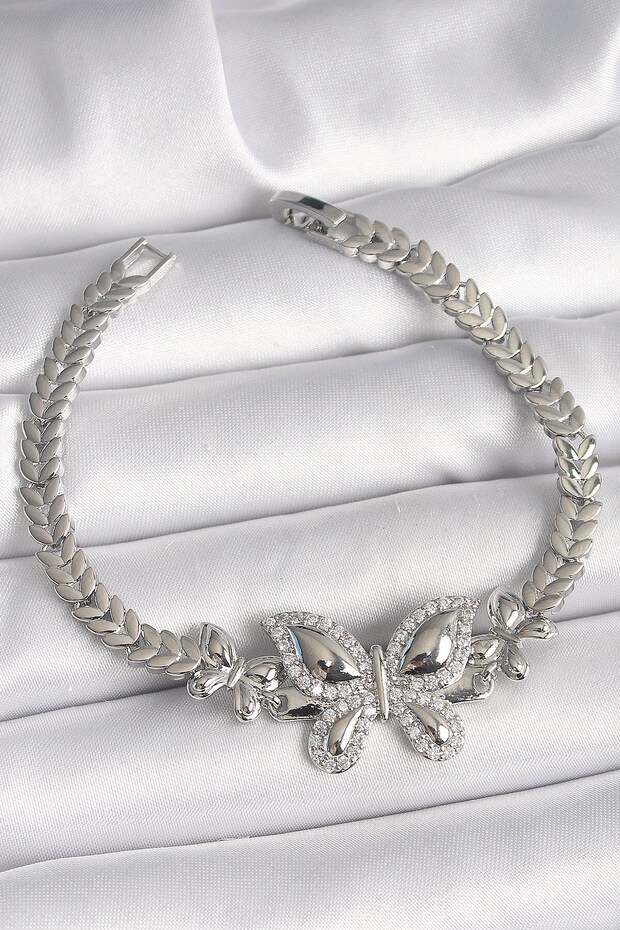 Brass Silver Color Zircon Stone Butterfly Model Women's Bracelet