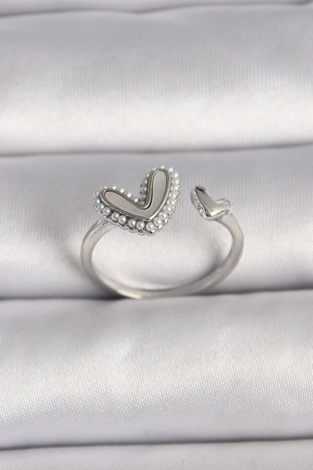 Brass Silver Color White Enamel Pearl Detailed Heart Model Adjustable Ring