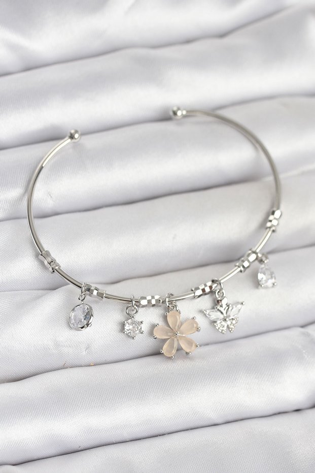 Silver Color Brass Women's Bracelet with Flower and Butterfly Charms