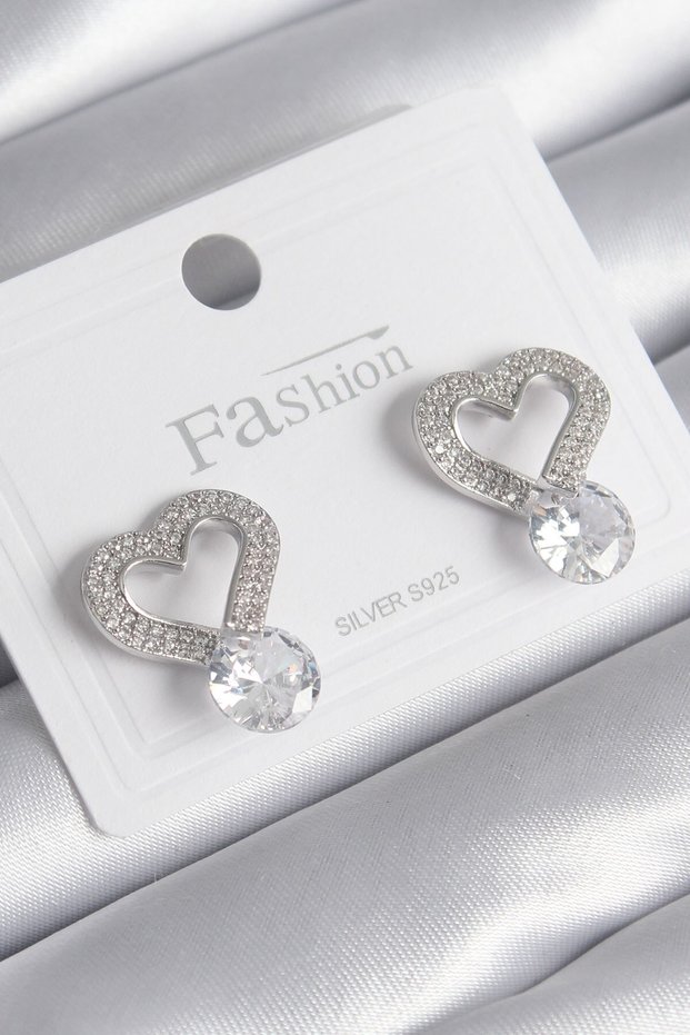 Brass Silver Color Zircon Stone Heart Model Drop Zircon Stone Detail Women's Earrings