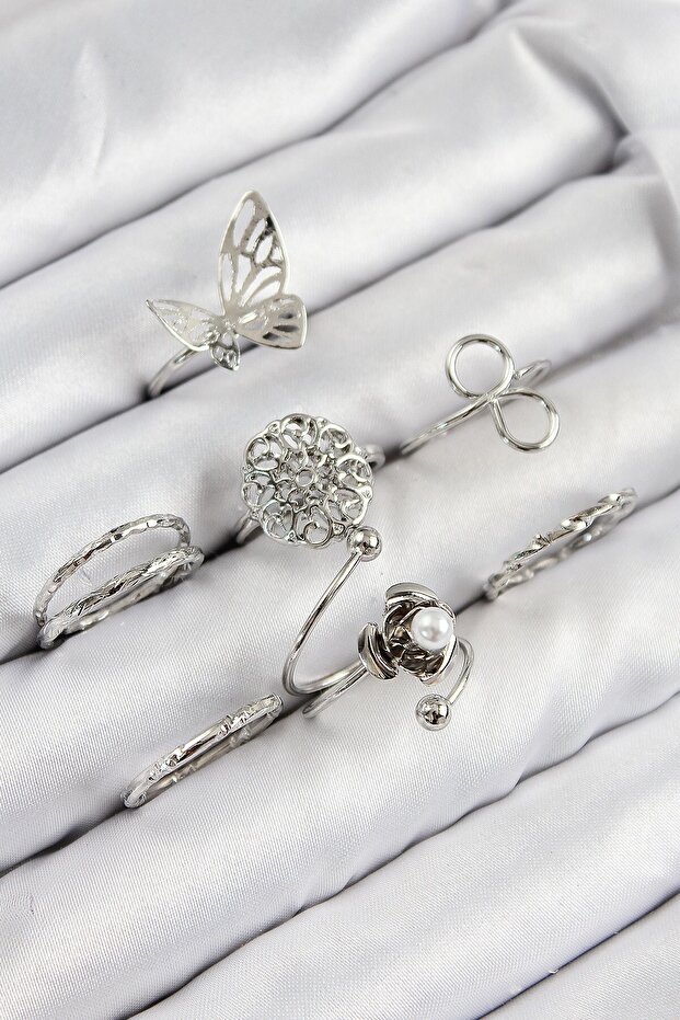 Brass Rose Butterfly Model Silver Color Women's Ring Combination Set