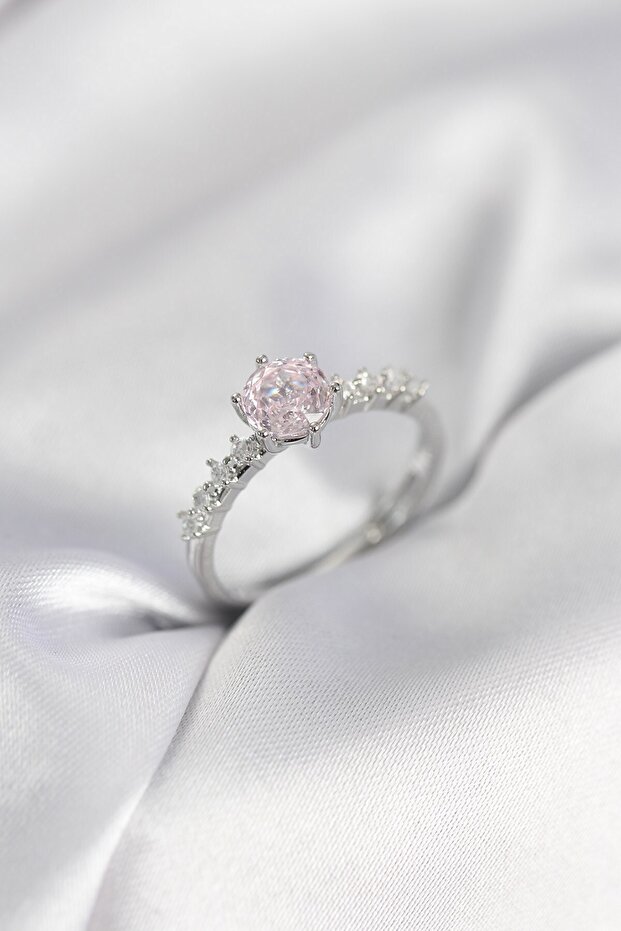 Silver Color Pink Single Stone Model Zircon Stone Women's Ring
