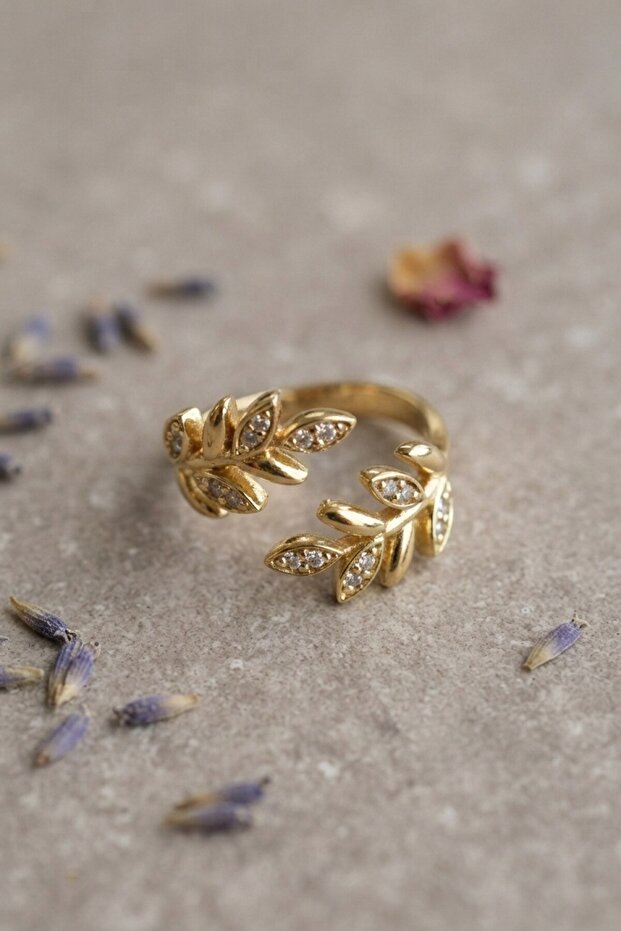 Gold Color Olive Branch Leaf Patterned Adjustable Zircon Stone Women's Ring