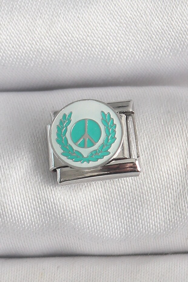 316L Steel Silver Color White Blue Peace Sign Engraved Nomination Charm