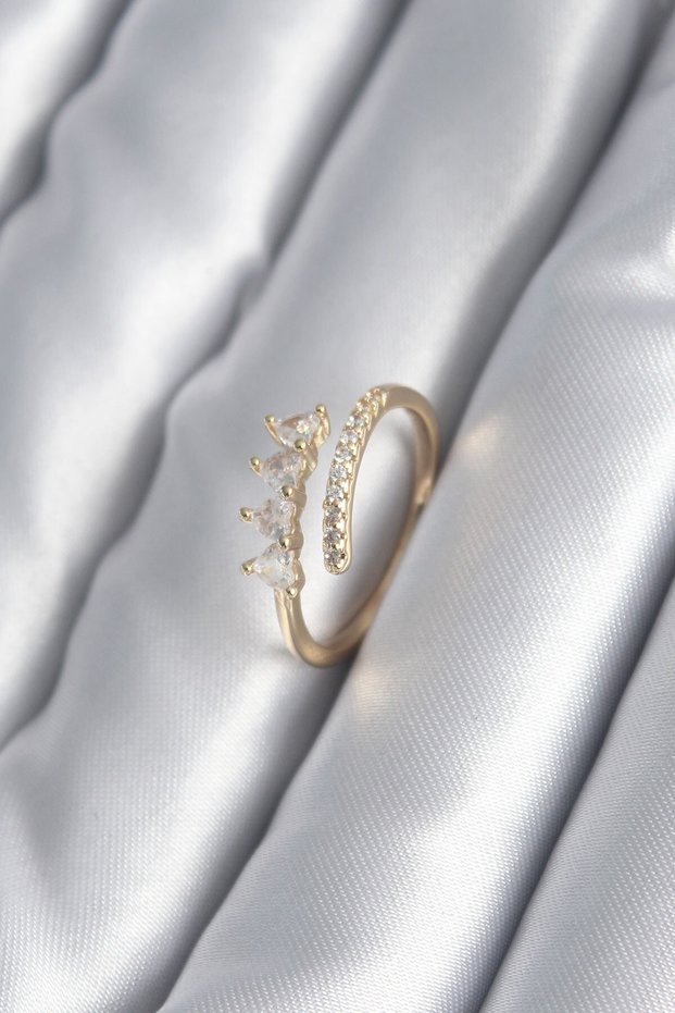 Brass Gold Color Heart Zircon Stone Detail Women's Ring