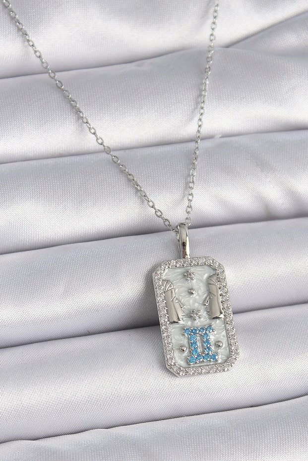316L Steel Silver Color Chain Gemini Zodiac Sign Zircon Stone Women's Necklace