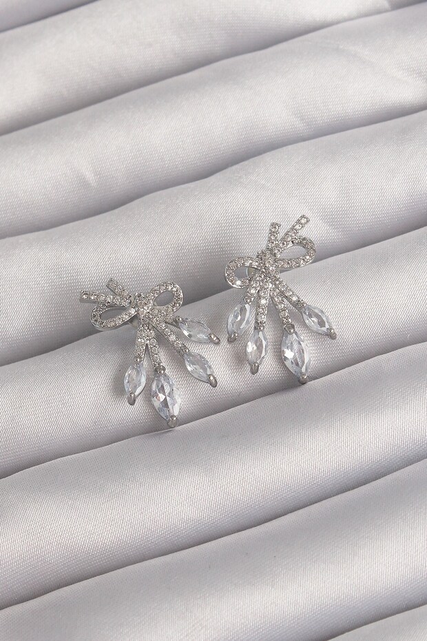 Brass Silver Color Zircon Stone Bow Earrings