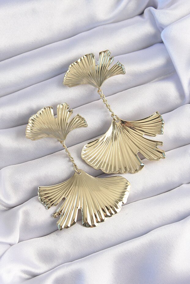 Brass Gold Color Serrated Leaf Model Dangle Earrings