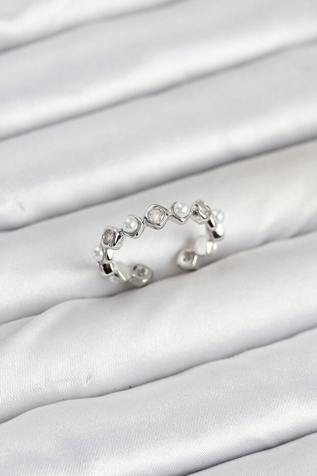 Brass Silver Color Zircon Stone Pearl Women Ring