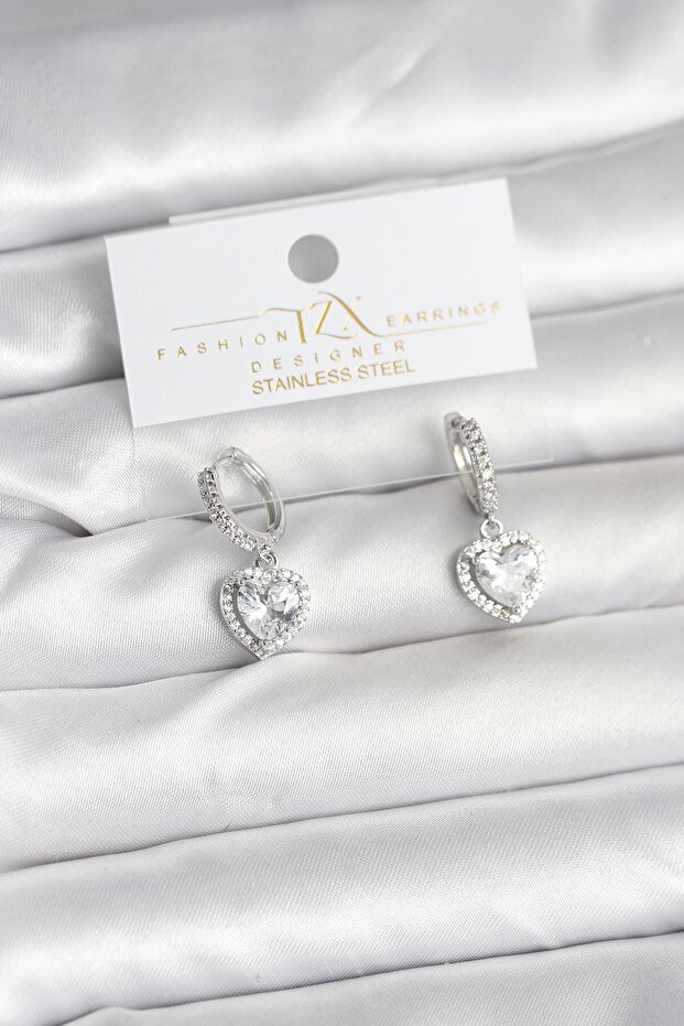 Brass Silver Color Zircon Stone Heart Model Women's Earrings