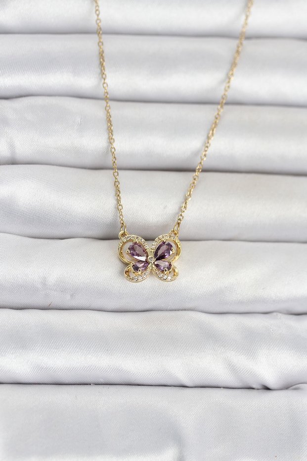 316L Steel Chain Gold Color Purple Butterfly Model Women's Necklace