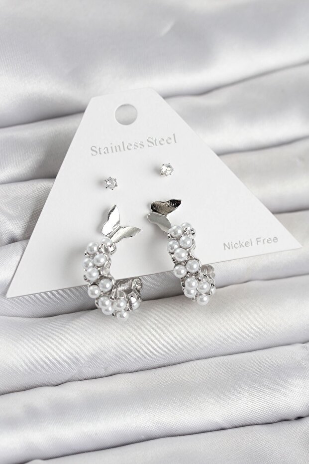 Brass Silver Color Butterfly Detailed Women's Earring Set