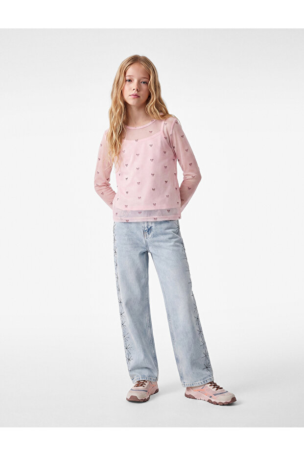 Short Sleeve Crew Neck Glittery Bow Patterned Lined Tulle Blouse