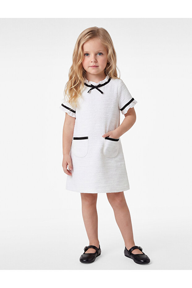 Ruffle Crew Neck Pocket Cotton Short Sleeve Dress