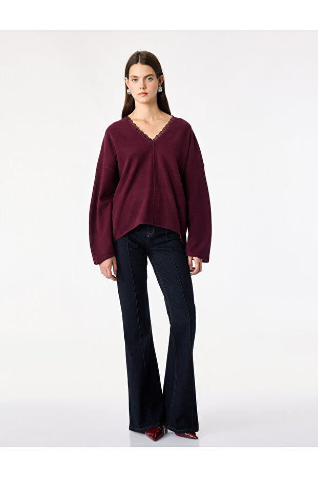 Long Sleeve Lace Detailed V-Neck Sweatshirt