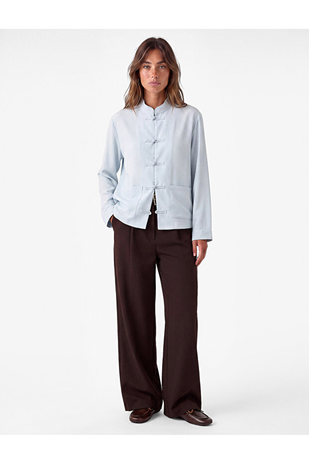 Comfortable Fit Long Sleeve Shirt with Pockets, Stand Collar and Napoleon Closure Detail