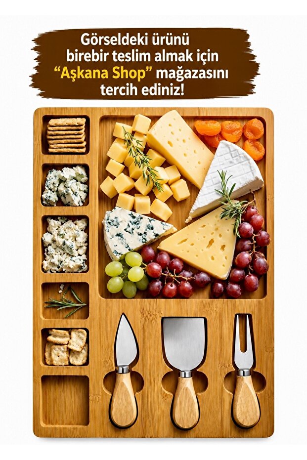 Wooden Cheese Serving Plate with 6+1 Compartments – 3-Piece Cheese Knife Set Deli Presentation Board