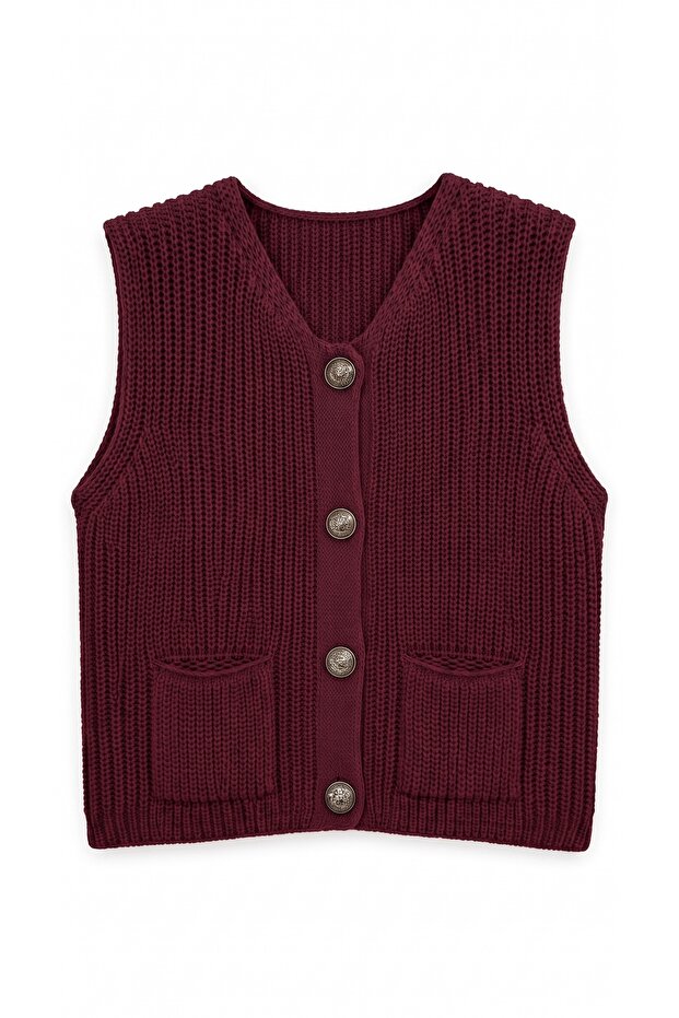 Metal Button Detailed V-Neck Knitted Sweater Vest