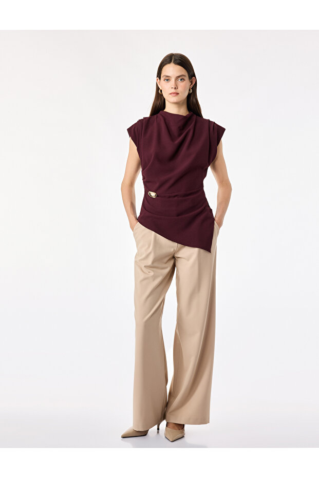 Asymmetrical Stand Collar Sleeveless Blouse with Metal Accessory Detail