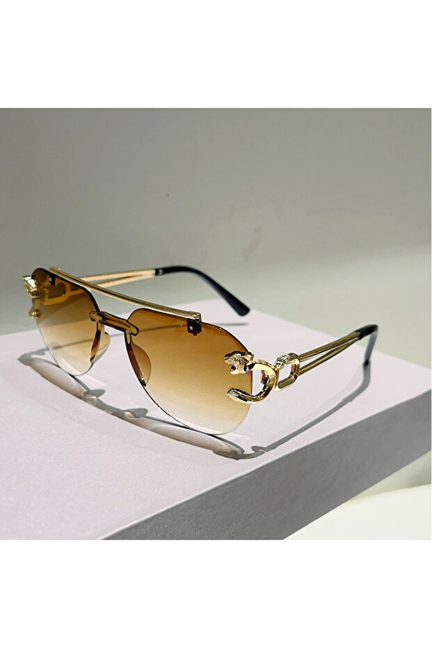 as picture shows gradient tea KAMMPT Rimless Pilot Sunglasses Men Fashion Vintage Gradient Casual Sh
