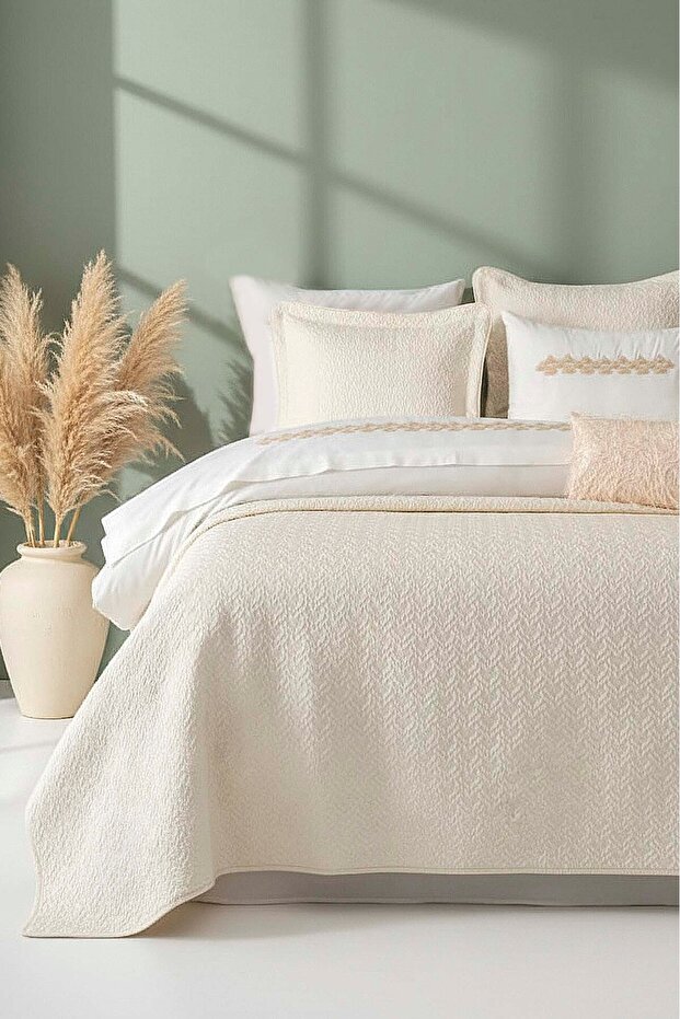 Parla Ecru Embroidered Double Duvet Cover Pique Set - 8 Piece Dowry Set