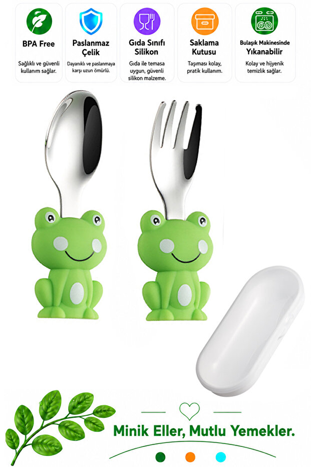 Premium Children's Bpa Free Silicone Handle Fork-Spoon Set with Frog Figure, Stainless Steel Tip, 9+ Months