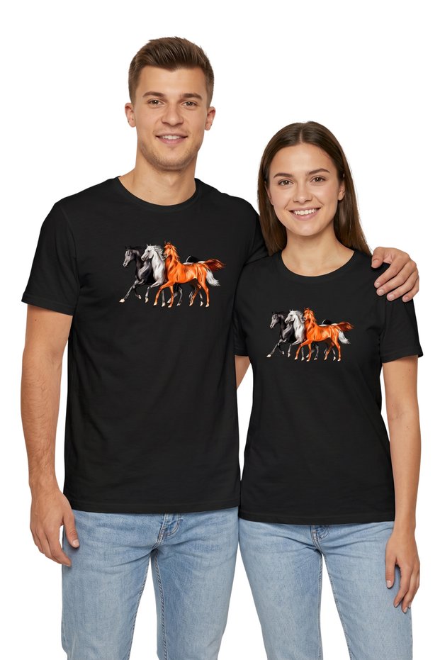 Black Color Basic Horse Printed Men's T-shirt