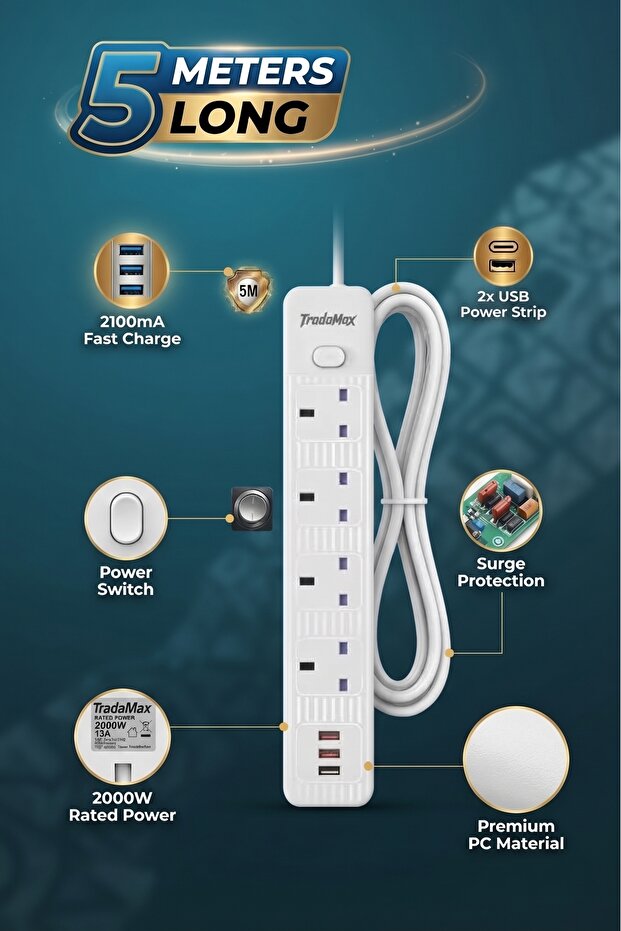 شريط طاقة متعدد المنافذ C105 - كابل بطول 5 أمتار وقدرة طاقة 2000 واط