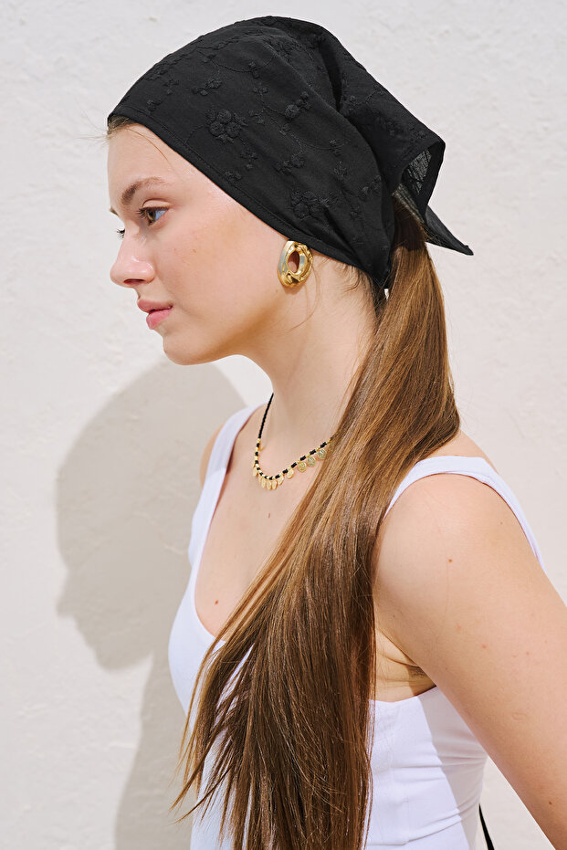 Embroidered Triangle Scarf Black