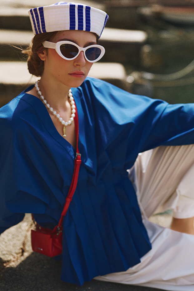 Pleated Waist Designed Shirt Blue