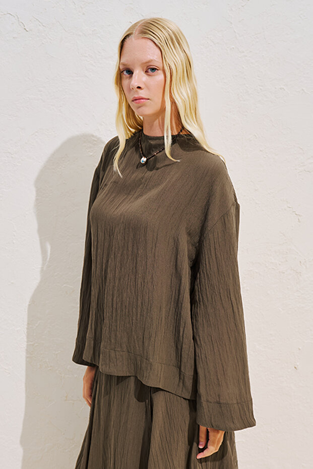 Draped Wide Sleeve Blouse Brown