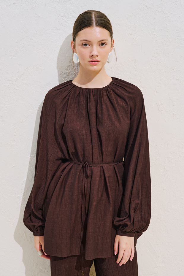 Textured Balloon Sleeve Draped Tunic Brown