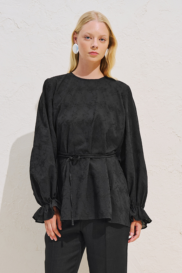 Embroidered Volume-Enhanced Limited Edition Black Blouse