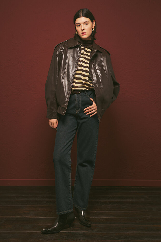 Retro Style Oversized Leather Jacket Bitter Brown