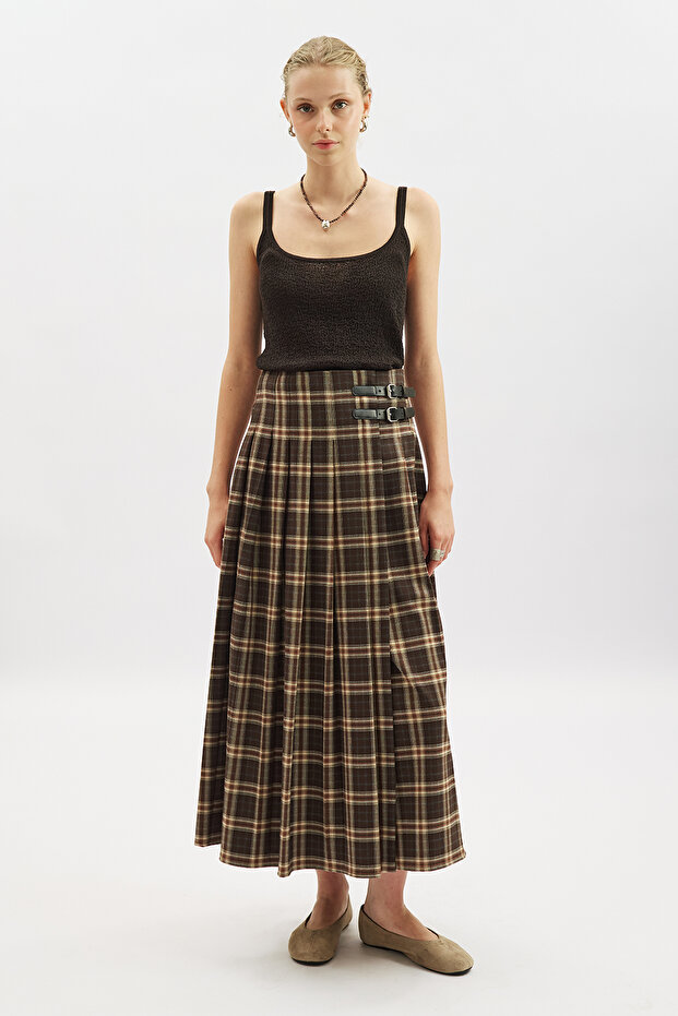 Plied Belted Plaid Skirt Brown