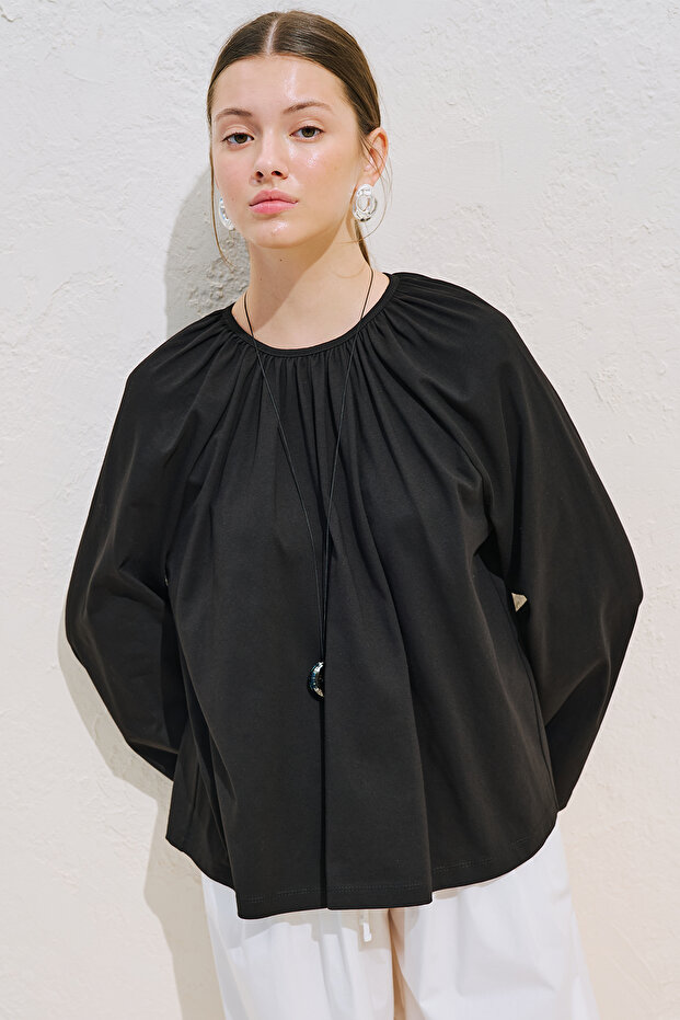 Comfortable Blouse with Drawstrings Black