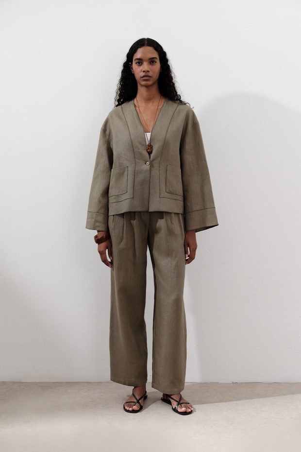 Linen Single Button Bluz Khaki