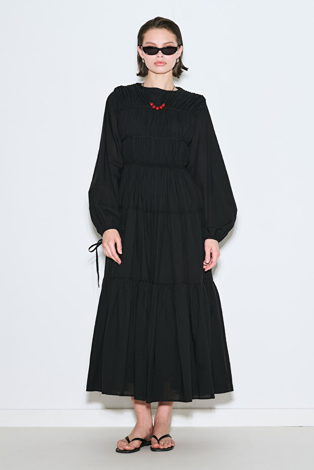 Drawstring Long Sleeve Dress Black
