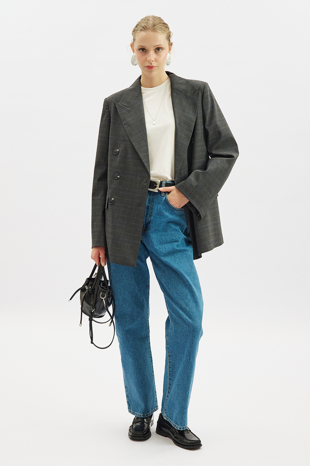 Kruvaze Plaid Blazer Jacket Gray