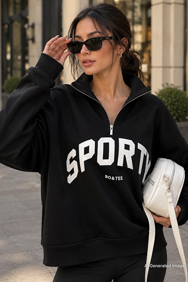 Black Half Zip Printed Sweatshirt Mg2212