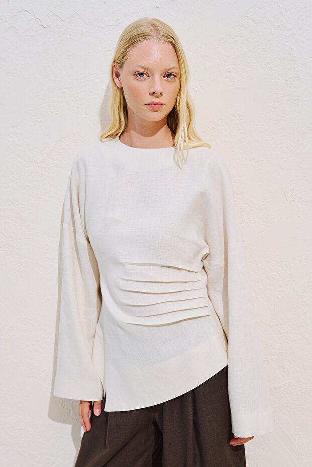 Linen Asymmetric Long Sleeve Blouse Beige