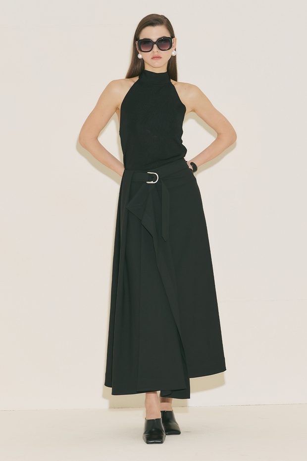 Asymmetric Ke Belt Skirt Black