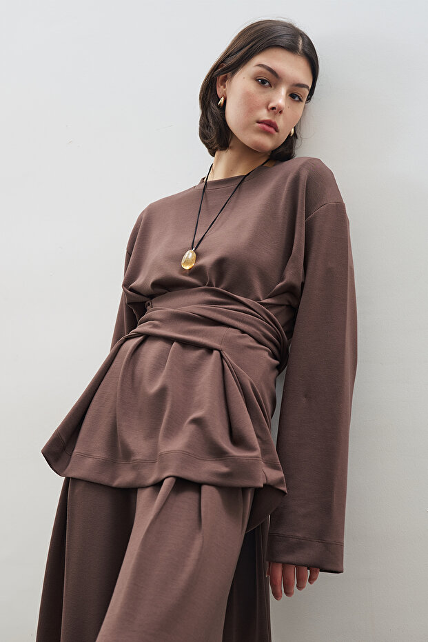 Soft Textured Modal Tie-Up Sweatshirt Brown